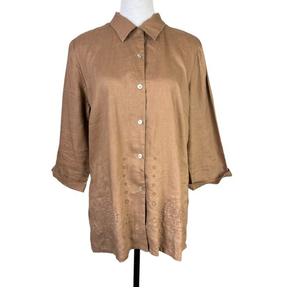 EColOGie Brown 100% Linen Embroidered Medallion Pattern Button Up 3/4 Sleeve Top - Picture 1 of 11